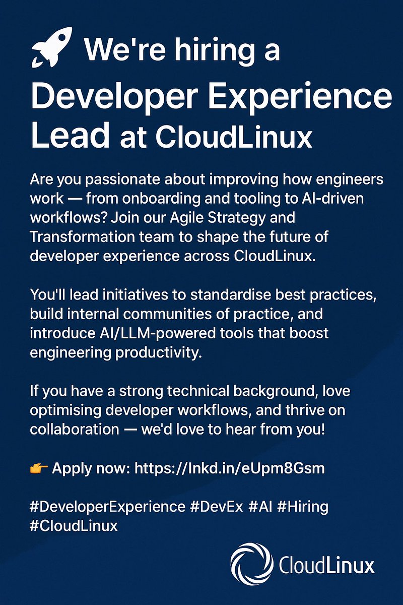 trukhinyuri's tweet image. 🚀 We’re hiring a Developer Experience Lead at CloudLinux

👉 Apply now: lnkd.in/eUpm8Gsm

#DeveloperExperience #DevEx #AI #Hiring #CloudLinux #must_have