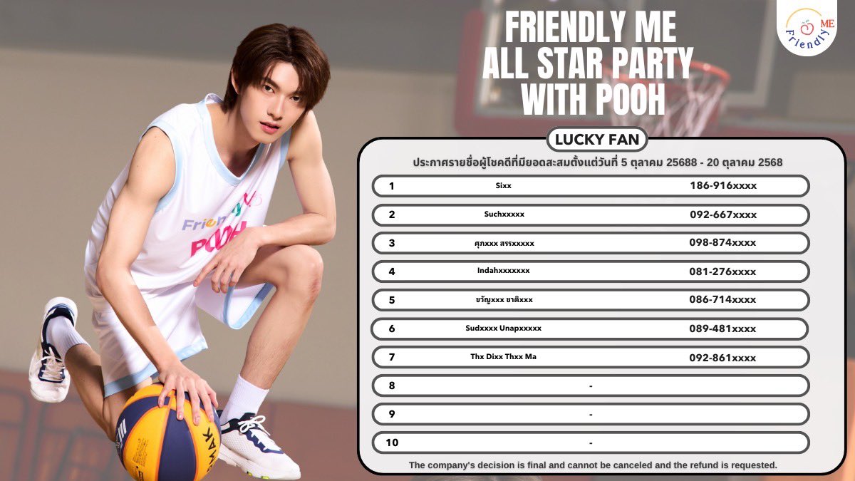 ประกาศรายชื่อผู้โชคดีสำหรับงาน 
Friendly Me All Stat Party with Pooh ✨

20 Top Spender ✨
10  Vdo Call ✨
10  Lucky Fan ✨

ผู้โชคดีสามารถยืนยันสิทธิ์ได้ทาง Line Official ของทางแบรนด์ โดยแจ้งชื่อและเบอร์ที่ร่วมกิจกรรม

-