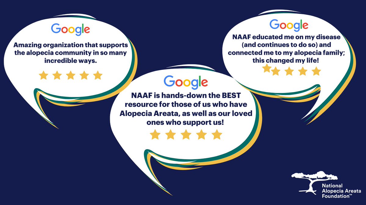 It's #LeaveaReviewDay! Please leave us a Google Review if we have supported, inspired, or positively impacted you. Your feedback helps others learn about the tools, resources &amp; support NAAF provides to people living with alopecia areata and their families. ow.ly/Uk6L50XfbmA