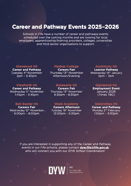 DYWFife's tweet photo. Get involved 🚀

There are many careers events taking place across Fife Schools over the next few months. We would love to welcome local employers to come along, show their support and meet their future workforce!

Get in touch to find out more: https://t.co/g0U545nNOe https://t.co/4AM5sIfLf0