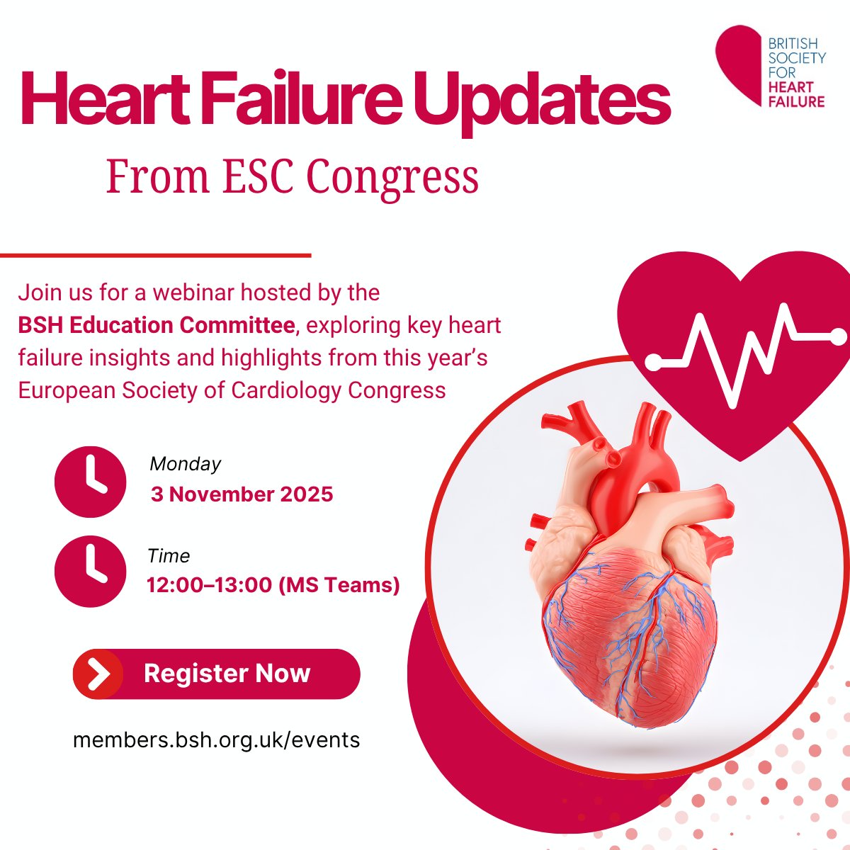 BSHeartFailure's tweet image. Join us on Monday 3 November, 12:00–13:00 (MS Teams) for Heart Failure Updates from the ESC Congress, hosted by the BSH Education Committee. The session will share key heart failure insights and highlights from this year’s European Society of Cardiology Congress.

Register here:…