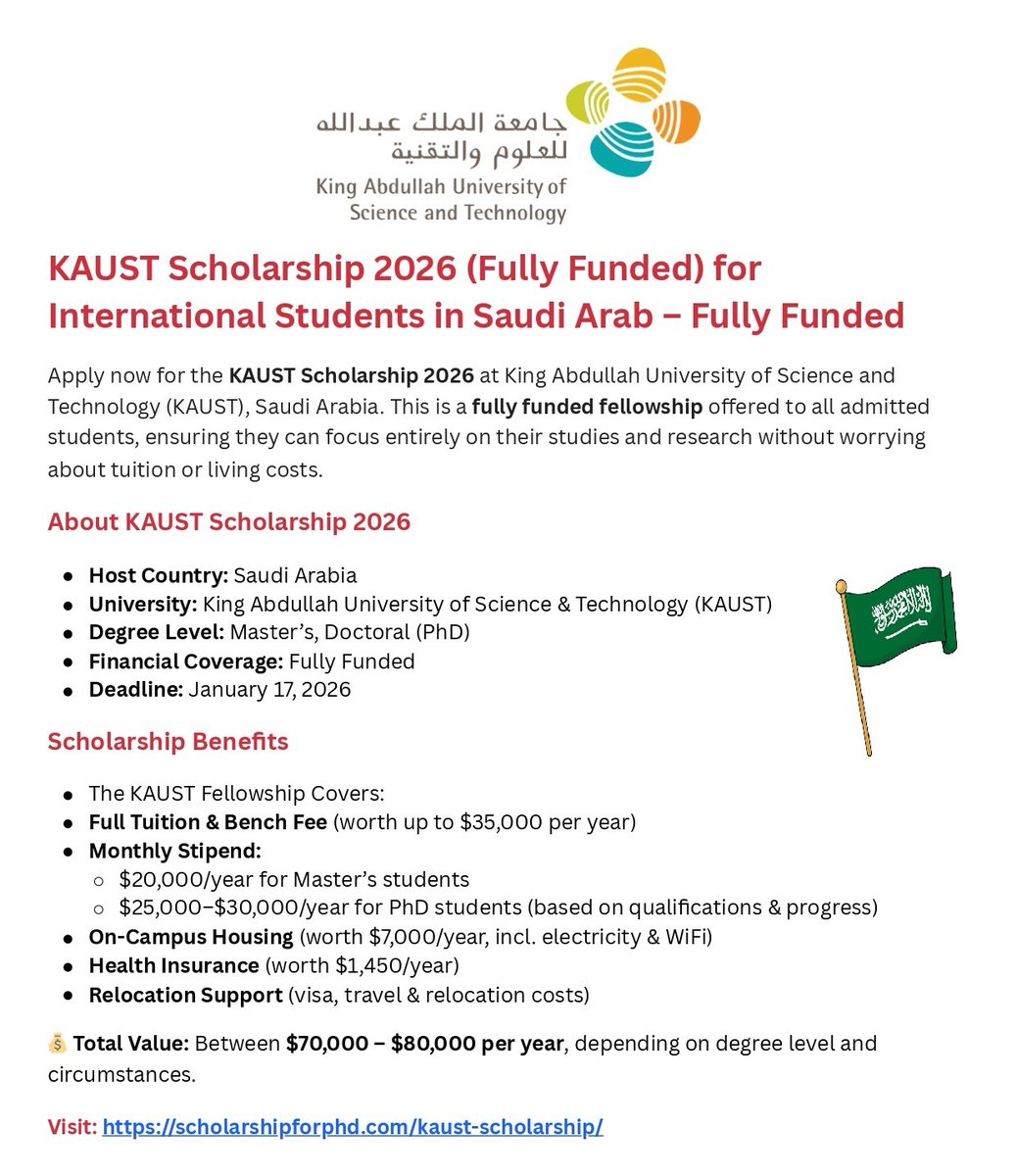 ScholarshipfPhd's tweet photo. King Abdullah University of Science and Technology (KAUST) Scholarship 2026 - Study in Saudi Arab - Fully Funded

Details: https://t.co/2y0kHm2wVo

Study Level: Master &amp; PhD

Deadline: 17 January 2026 https://t.co/I4rLlQaG3T