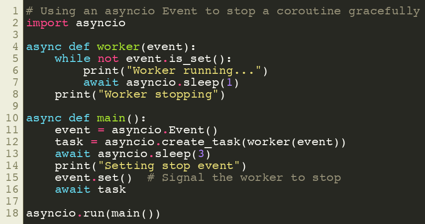 SuperFastPython's tweet image. Using an asyncio Event to stop a coroutine gracefully
#Python #Concurrency