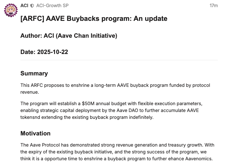 mzeller's tweet photo. We published a governance proposal to enshrine the AAVE buyback program long-term.

The AAVE DAO economy is stronger than ever.

Just Use Aave. https://t.co/KHpW3ajPeR