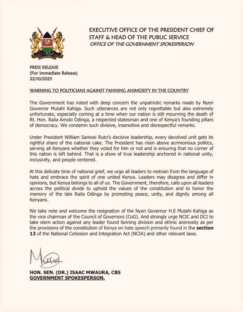 Warning to Politicians Against Fanning Animosity in the country.