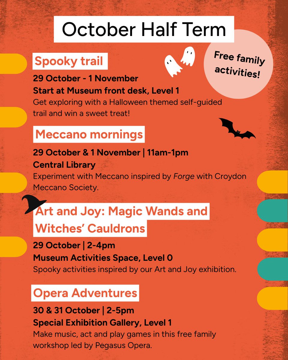 MuseumOfCroydon's tweet photo. Join us for a week packed with free family-friendly activities this #HalfTerm! 🎃🕸 

Whether your little ones love exploring, making, or performing, we have something for everyone to bring a touch of #Halloween magic to your break.

Discover more: https://t.co/hpQ3LKkXUg https://t.co/6YxbCbEnZB