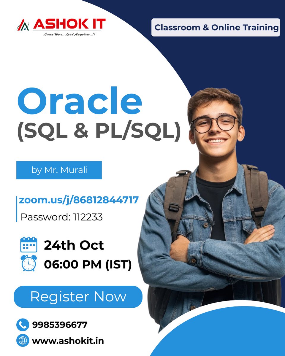 ashokitschool's tweet image. 📢 Boost Your Career with In-Demand Oracle Skills!
📲 Register Now: tr.ee/CkyPR2
Join our exclusive training session on Oracle (SQL & PL/SQL)
📅 Date: 24th October
⏰ Time: 06:00 PM (IST)
📍 Mode: Classroom & Online Training
🎓 Instructor: Mr. Murali
#DataManagement