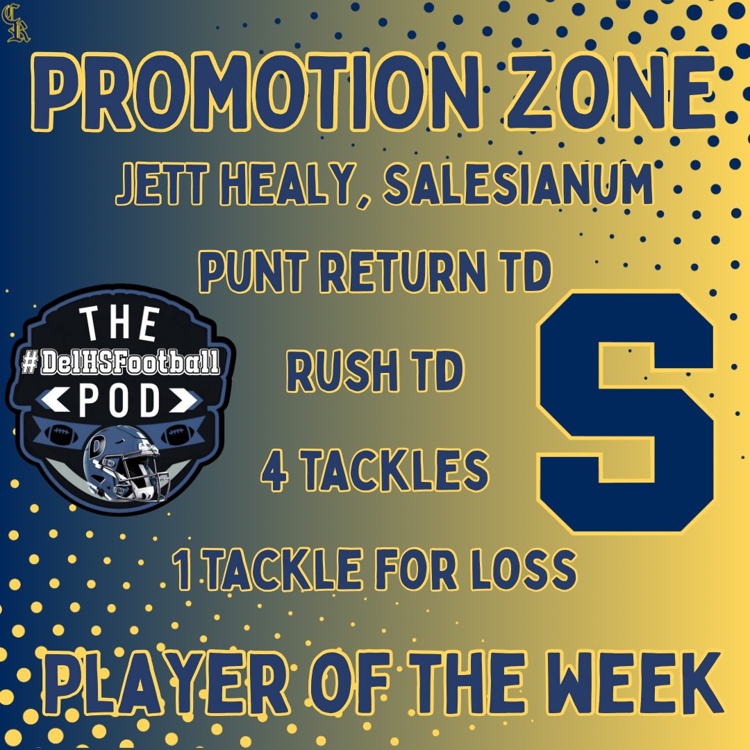 DelHSFootball's tweet image. Congratulations to our Week 7 Promotion Zone POTW @SalesianumFB #delhs Graphic by @CR_graphics83