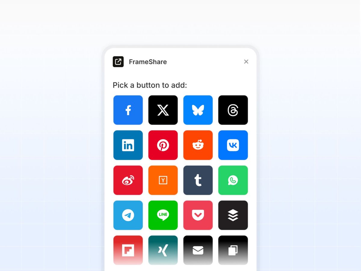 julesvcode's tweet image. FrameShare – a @framer plugin to drive more traffic to your website 📈
+ Drag and drop social share buttons
+ Customise your share buttons
+ Build your own social share widget
Check it out at frameshare(.)social