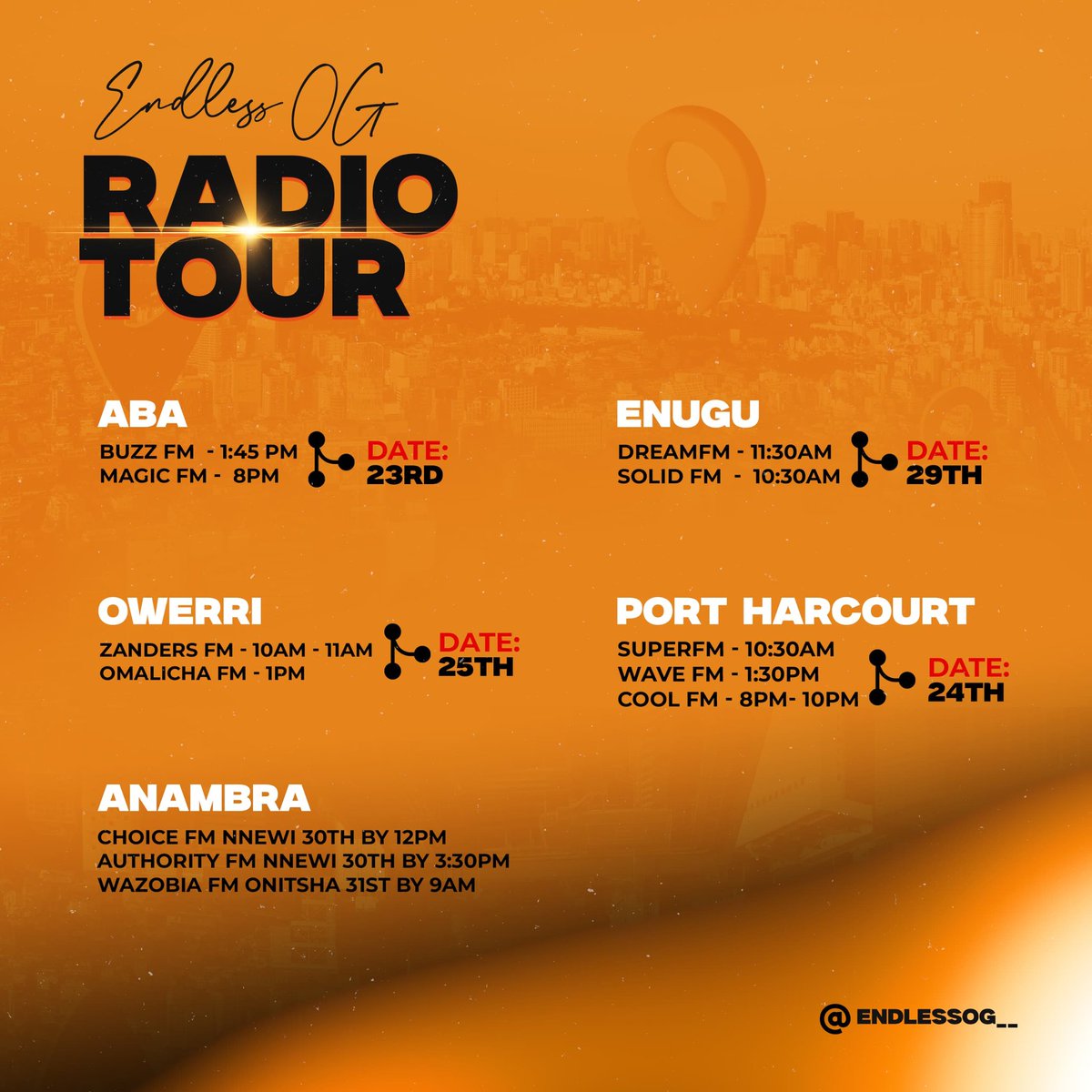 Taking the ROSA vibes on air 🎶
Catch me live across PH, Owerri, Anambra, Abia &amp; Enugu  it’s about to be a beautiful run 💫
#ROSAxEndlessOG