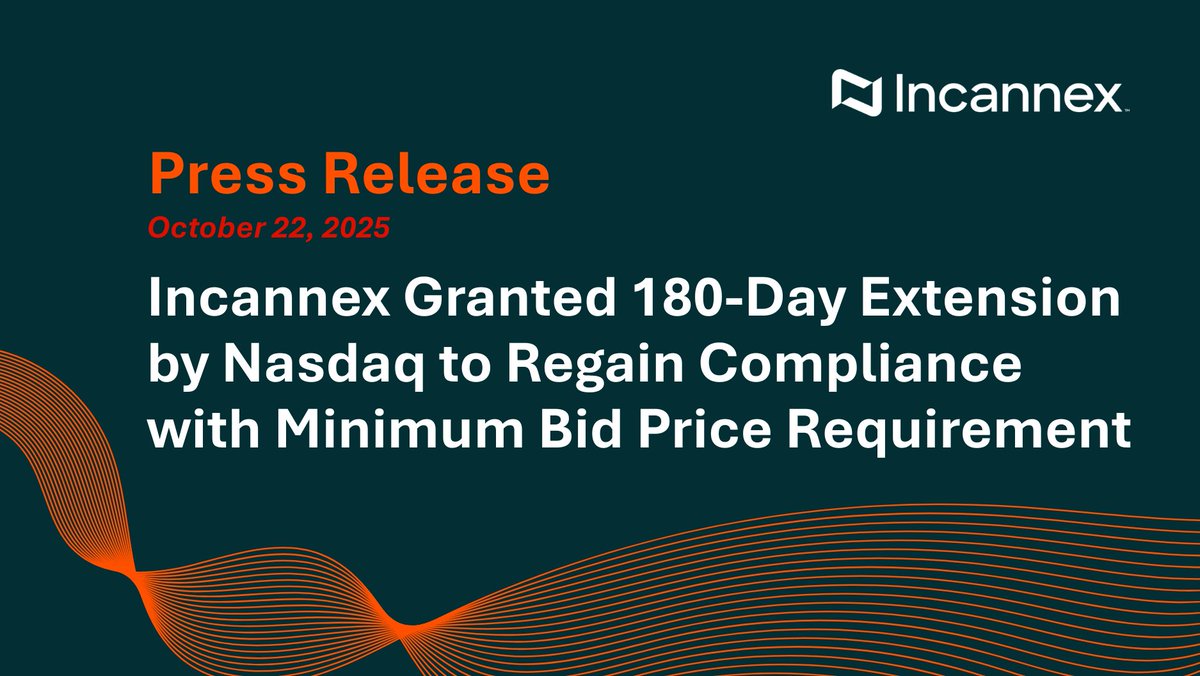 ASX_IHL's tweet image. $IXHL announces that it has received an additional 180-calendar-day extension from the @Nasdaq Stock Market to regain compliance with the minimum bid price requirement.

Read more: bit.ly/4ov1lgT