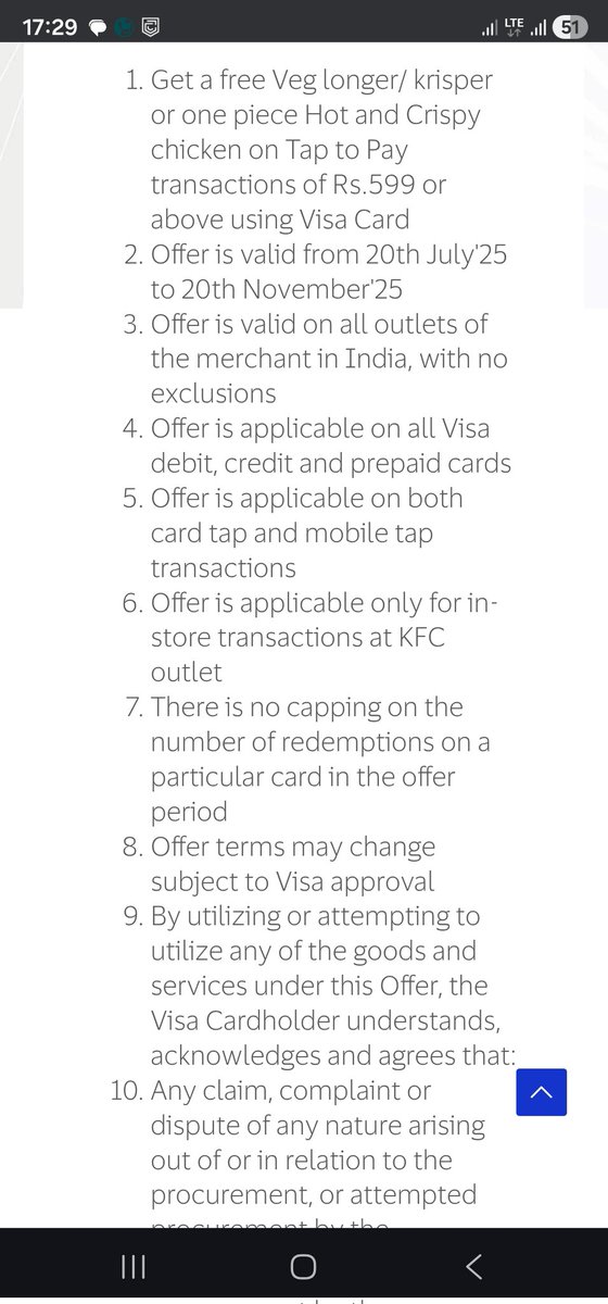 mickeyak143's tweet photo. @KFC_India I'm at KFC Ambuja Mall Raipur where as per KFC and VISA offer i should Get a free Veg longer/ krisper or one piece Hot and Crispy chicken on Tap to Pay transactions of Rs.599 or above using Visa Card. But even after payment they declined me. Invoice no 5012103000087961 https://t.co/vSz1ofsabp
