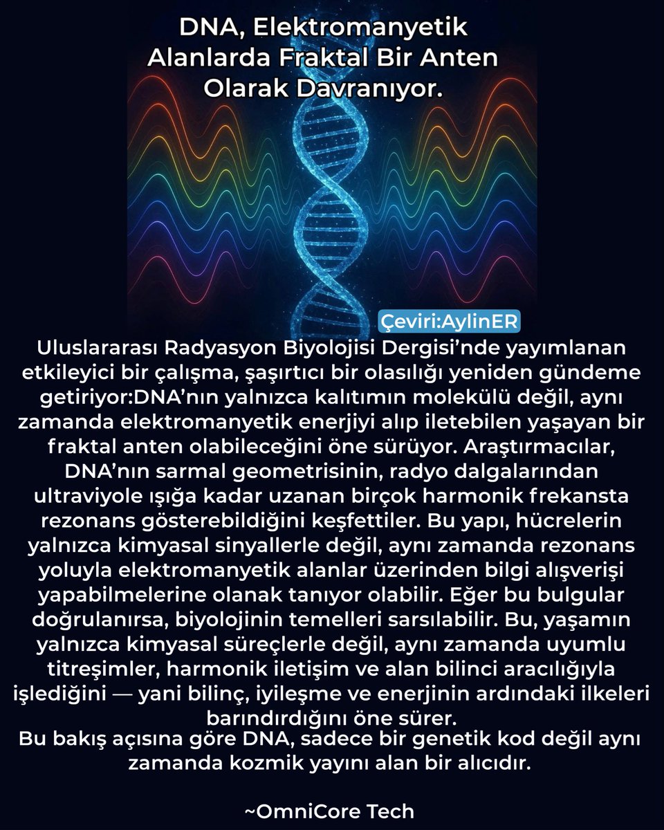 #Bilim #Biyoloji #Kuantum

DNA, Elektromanyetik Alanlarda Fraktal Bir Anten Olarak Davranıyor.

Uluslararası Radyasyon Biyolojisi Dergisi’nde yayımlanan etkileyici bir çalışma, şaşırtıcı bir olasılığı yeniden gündeme getiriyor:DNA’nın yalnızca kalıtımın molekülü değil, aynı
