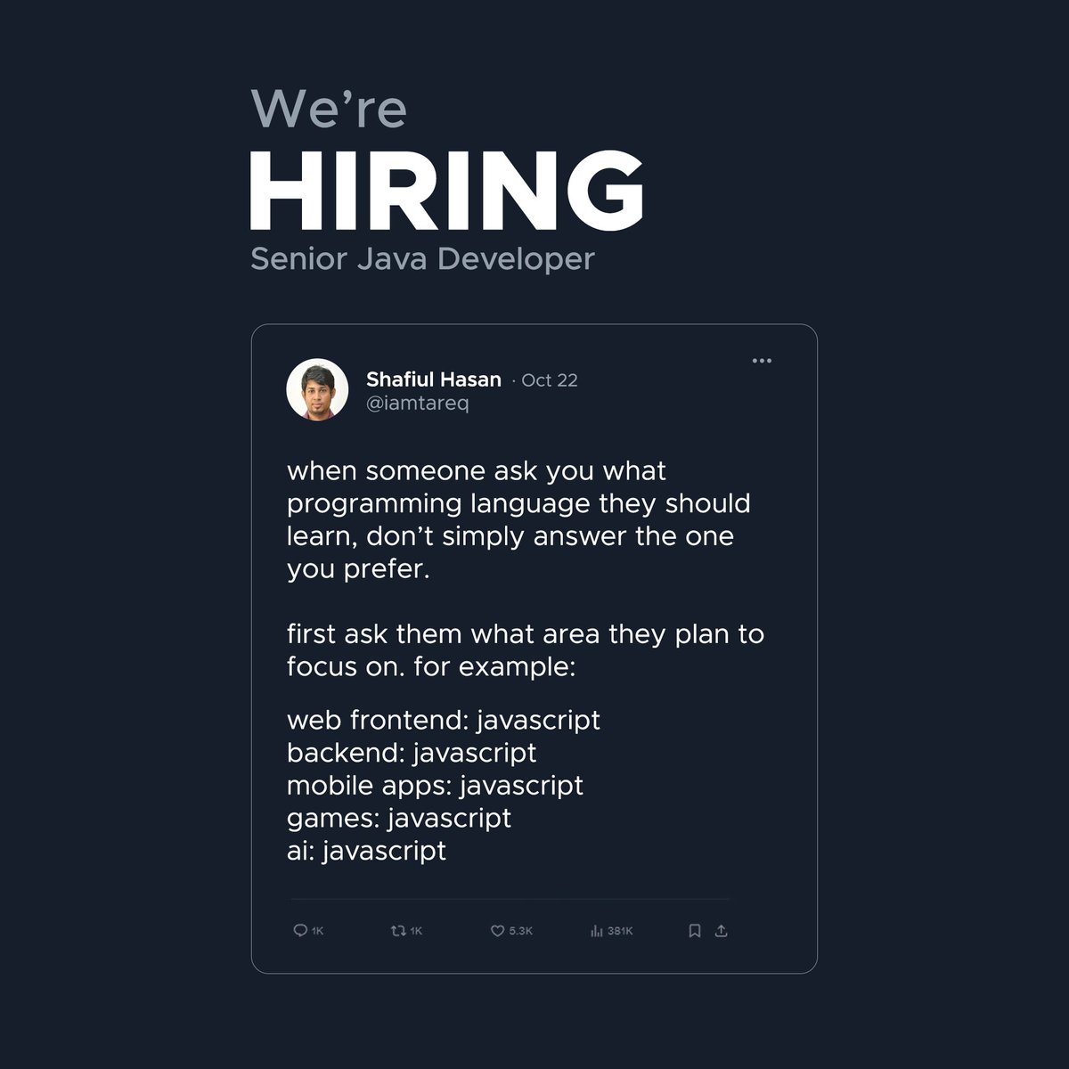 VivasoftLtd's tweet image. Sometimes in life, a chance comes that you should not let slip away.
Vivasoft is looking for a Senior JavaScript Developer.
If you love writing code and are not afraid of challenges, this might be the one for you.
👉 Apply here: vivasoftltd.com/career/hiring-…