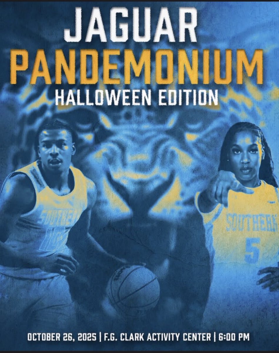The Energy Starts HERE!!
 
Join SU Athletics for Jaguar Pandemonium, our annual celebration to tip off the basketball season. 
 
🗓️ Sunday, Oct. 26
Doors Open: 5:00 PM
Event Begins: 6:00 PM
📍 FG Clark Activity Center
Admission: FREE

#GoJags | #TheStandard | #JaguarPandemonium