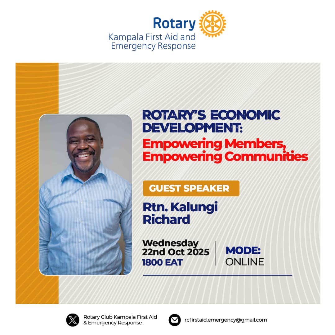 Rotary’s Economic Development: Empowering Members, Empowering Communities.
Join us Wed,Oct 22 at 6 PM(EAT)for an inspiring online session with Rtn. Kalungi Richard on how Rotary uplifts.
🔗 Zoom link in bio
ID: 825 5082 4046 | Passcode: klasouth
#RotaryEyamba #KampalaFirstAid