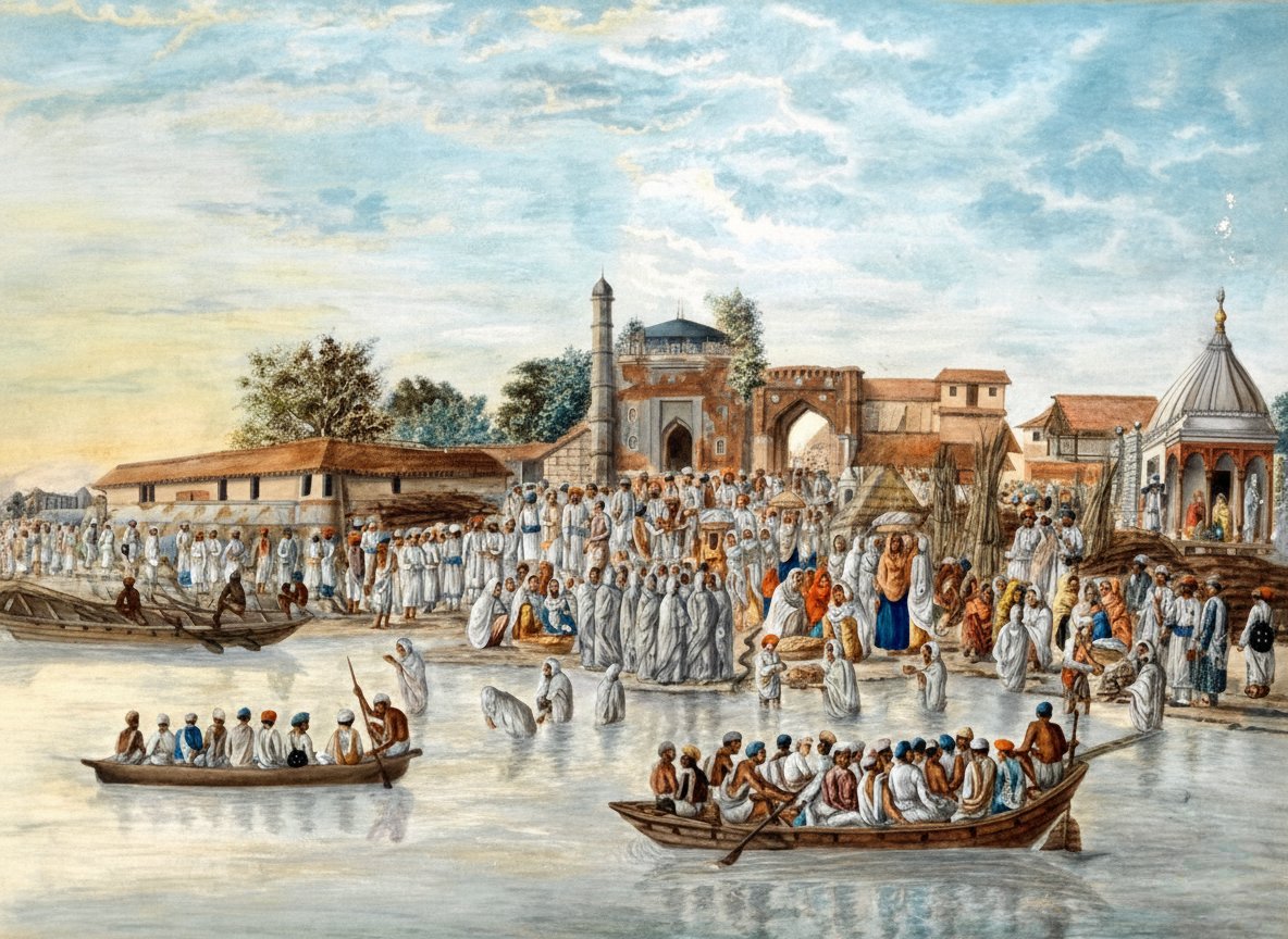 A magnificent depiction of the Chhath Puja festival on the sacred banks of the Ganga in Patna, dating from the late eighteenth to the early nineteenth century (1795–1805). 

This exquisite scene is beautifully rendered in the delicate watercolour style of Patna Kalam.