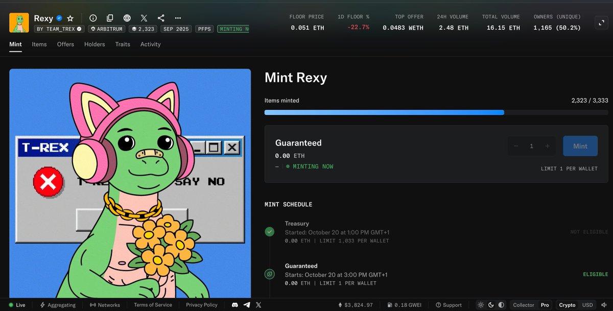 Free mint szn?

<a href="/TREX_chain/">T-REX 🦖</a> went from $0 to $250 with over half already minted

Grabbed one during the GTD phase

FCFS starts tomorrow, no public round

I’d keep an eye on this one