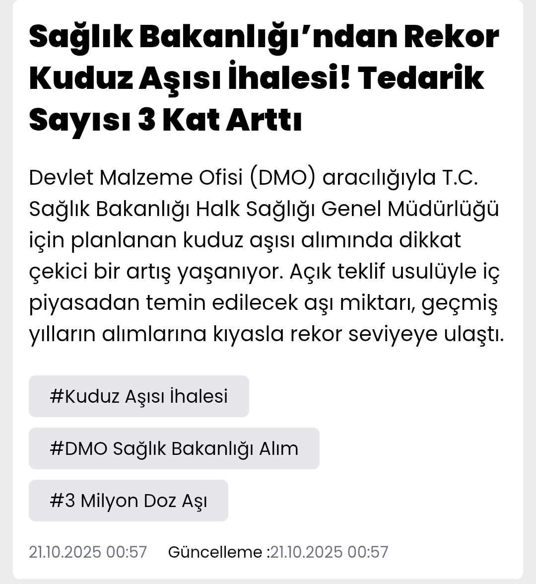 <a href="/RuhatMengi2/">Ruhat Mengi</a> Aynen inanmayın.

Sağlık bakanlığı hobi amaçlı kuduz aşısı alıyor. 

Sırf hobi olsun diye alınan aşı her yıl artıyor.

Ve yine hobi amaçlı iki gün önce 3 Milyon kuduz aşısı ilanı yayınladı.

İnanmayın sakın ha. 
İnanmayınca sorun kalmıyor, mis. 👍