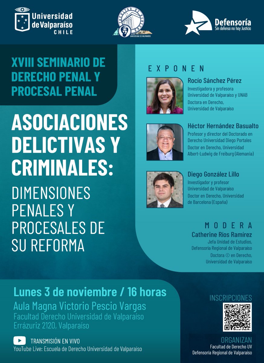 DPP_Valparaiso's tweet photo. 📢Este año viviremos la décimo octava versión del Seminario de Derecho Penal y Procesal Penal  que abordará  “Asociaciones delictivas y criminales: Dimensiones penales y procesales de su reforma”.

Inscripciones: https://t.co/VpMTVyW1av https://t.co/ygKwNYQ97p