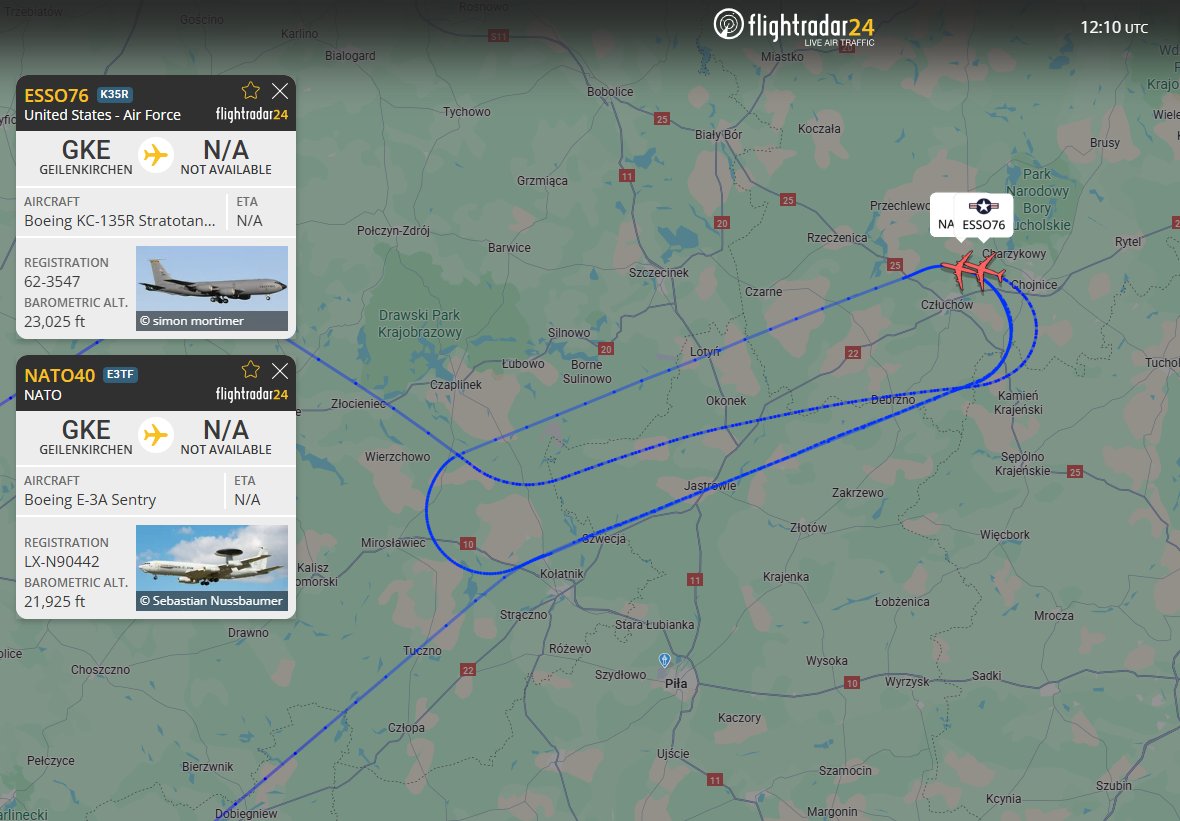 PolishMilRadar's tweet photo. 📅 22.10 ⌚️ 14:10LT - ⛽️ AWACS & Stratotanker w TSA 29
W strefie TSA 29 KATE za chwilę rozpocznie się tankowanie w powietrzu z udziałem #NATO40 Boeinga E-3A Sentry #AWACS "LX-N90442" 🇪🇺 oraz ✈️#ESSO76 Boeinga KC-135R Stratotanker "62-3547" Sił Powietrznych Stanów Zjednoczonych #USAF 🇺🇸, które operują z bazy w Geilenkirchen #ETNG 🇩🇪.
🔗https://t.co/OHa9gWA7ja
#POLMILRADAR