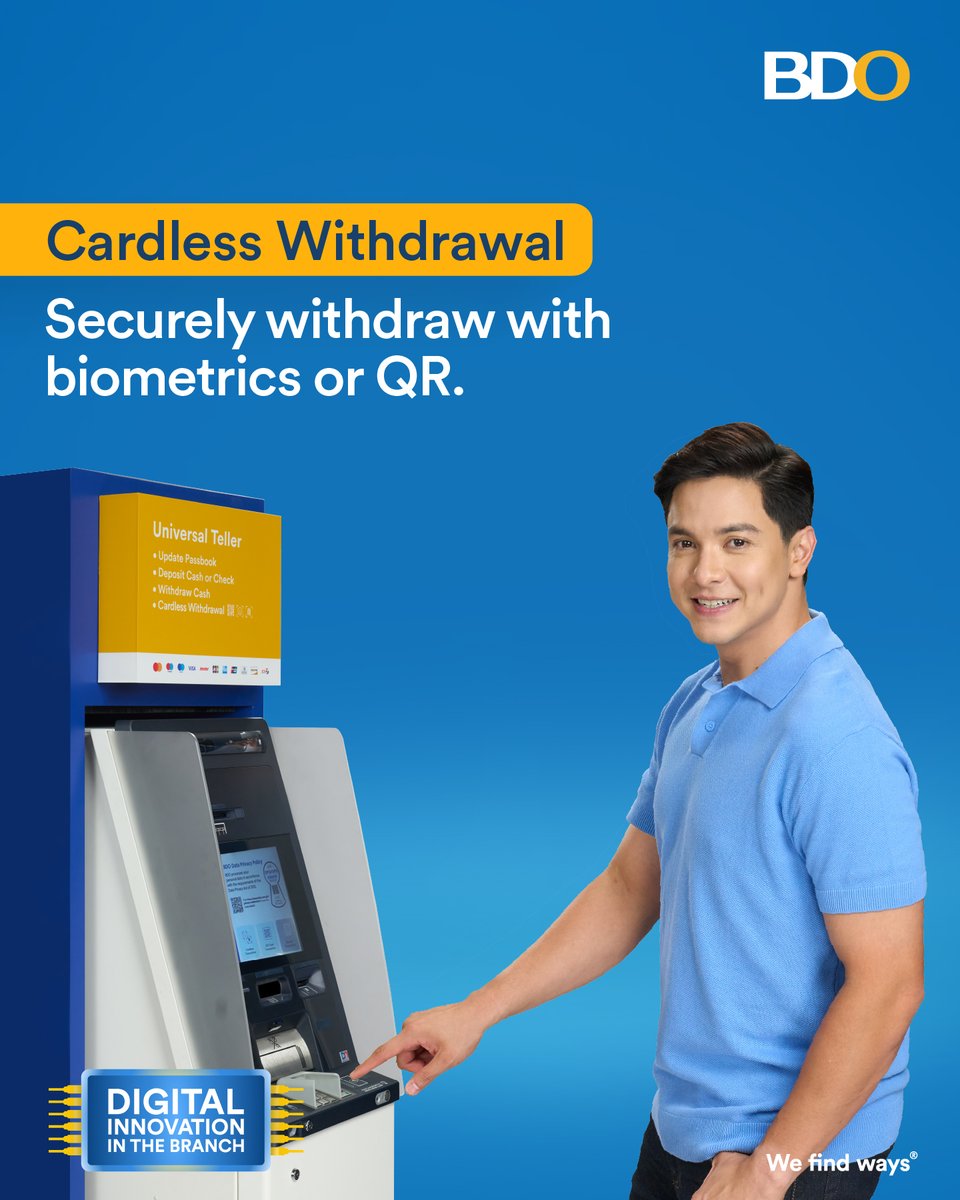AldenTrendsOFC's tweet photo. Banking is now easy, simple, and secure! ๐๐๐
Experience CARDLESS convenience when you withdraw using BIOMETRICS or QR CODE from BDO Pay app.
@aldenrichards02
#ALDENforBDO
#BDOUnibank
#BDOWeFindWays
#ALDENRichards https://t.co/D0zxByetGu