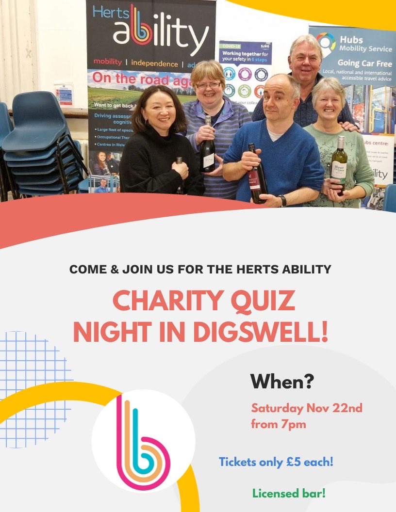 🎉 The Herts Ability Quiz Night is BACK! 🎉 

Join us for a fun-filled night of trivia, laughter, drinks, and prizes - all while supporting Herts Ability!

📍 Digswell Village Hall

📅 Saturday, 22 Nov 2025

🕖 7:00-10:30pm

🎟 Tickets are just £5! ➡️ tinyurl.com/yc3jtvet