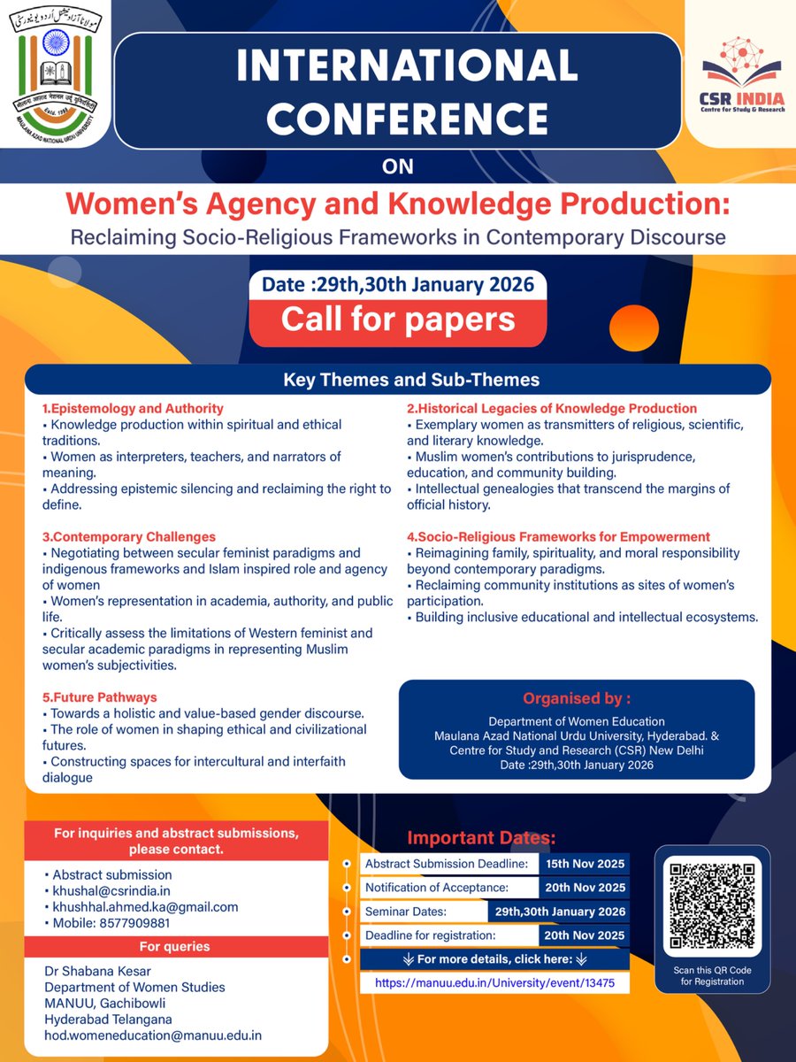 CenterForStudy1's tweet image. International Conference: Women’s Agency and Knowledge Production Reclaiming Socio-Religious Frameworks in Contemporary Discourse