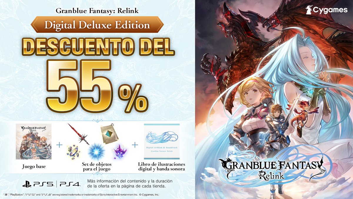 ¡55 % de descuento en la Digital Deluxe Edition de Granblue Fantasy: Relink!

Además del juego y objetos útiles, esta edición incluye un libro de ilustraciones digital y la banda sonora.

Hasta el 6 de noviembre a las 0:59 (CET) en PlayStation™Store.
store.playstation.com/concept/229066