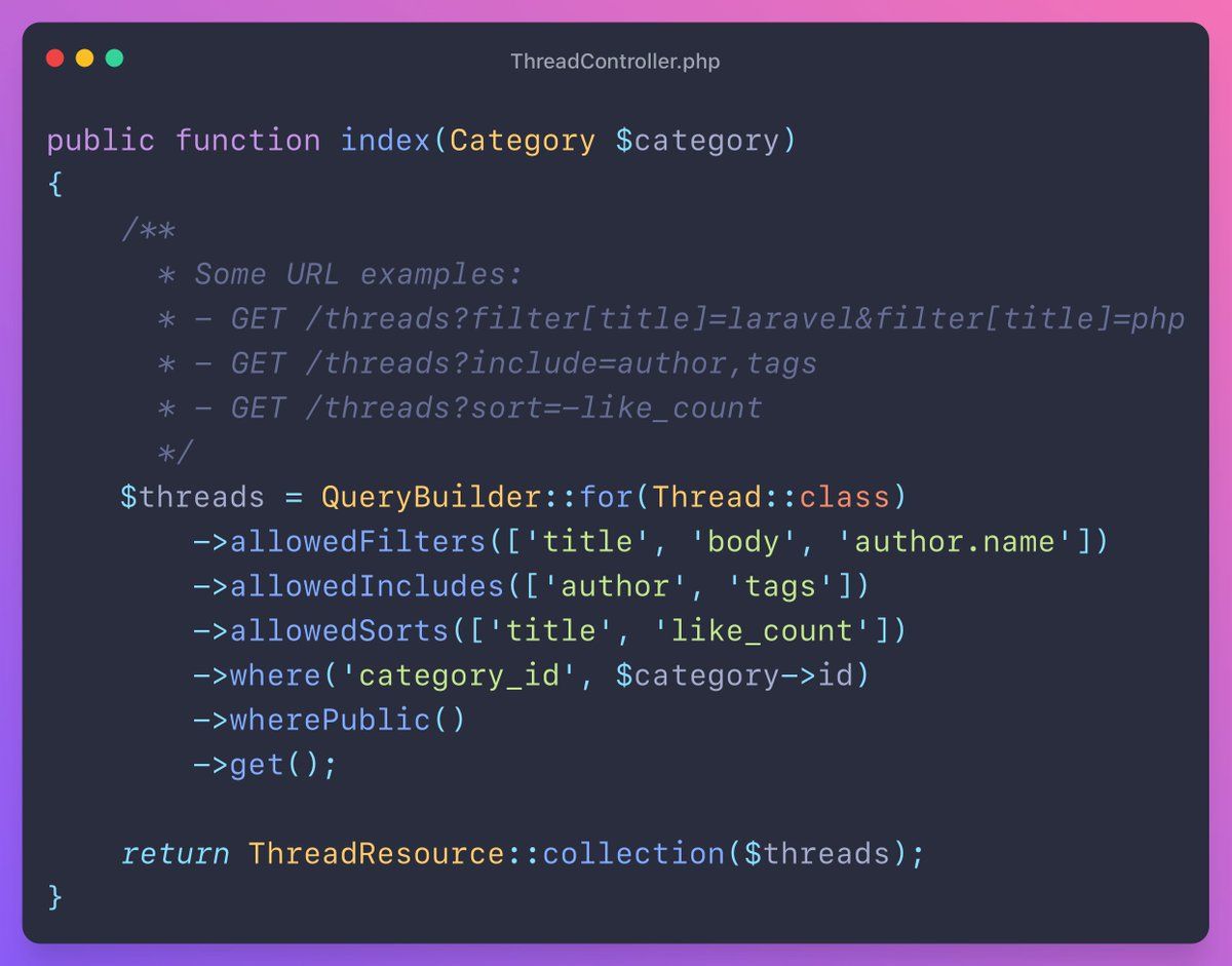 mmartin_joo's tweet image. 7/ laravel-query-builder
With this package, you can build Eloquent queries based on the Request. It can handle things like:
- Filtering
- Sorting
- Including relationships
- Sparse fieldsets