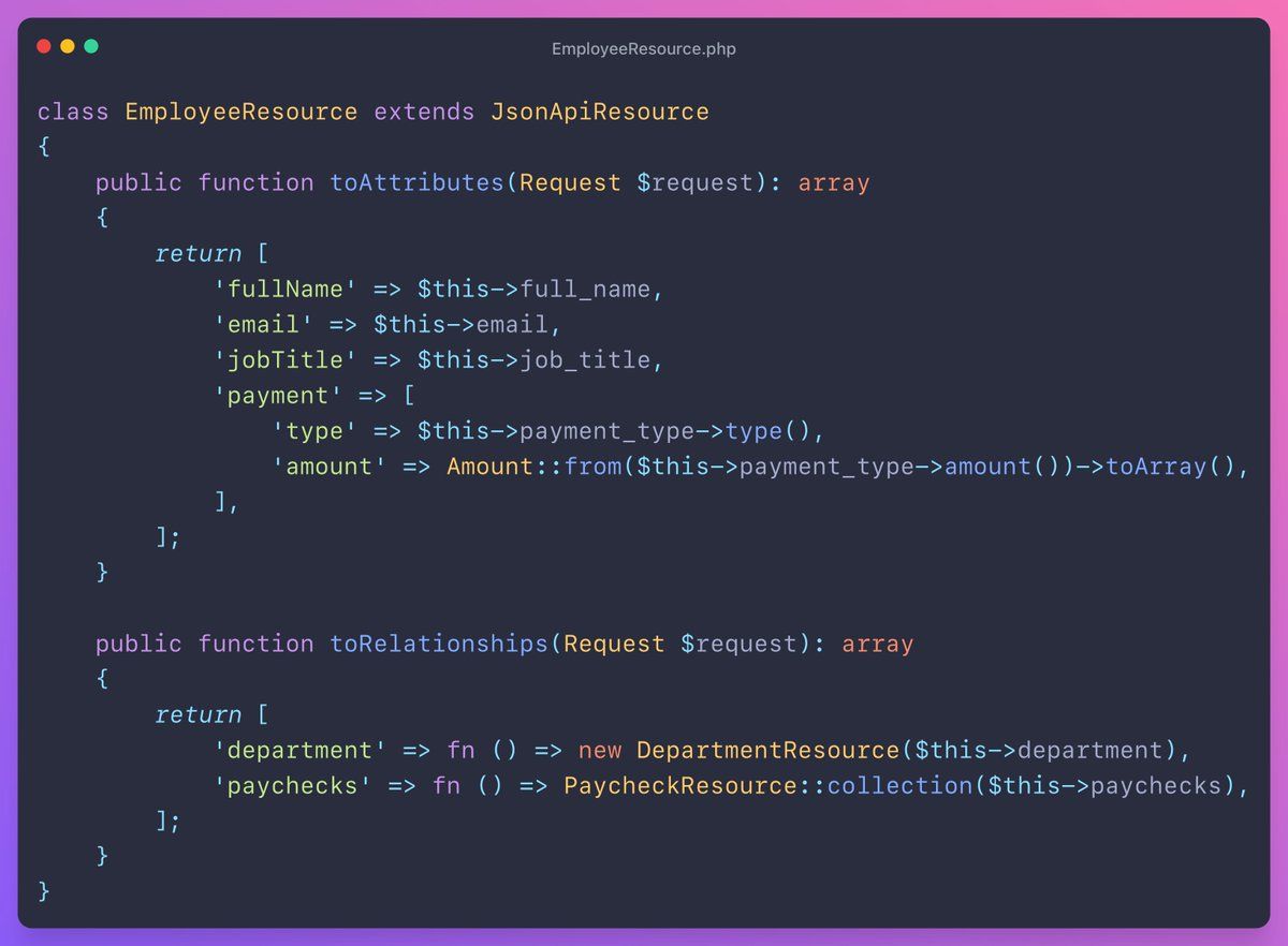 mmartin_joo's tweet image. 13/ json-api
A package that implements the JSON API standard and makes your life easy.
This is what a JsonApiResource looks like: