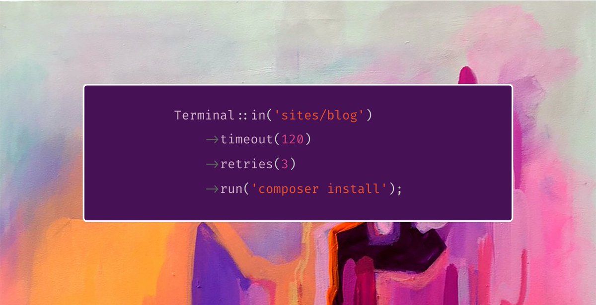 mmartin_joo's tweet image. 20/ terminal by TitasGailius
If you’re working with terminal commands, you can use Symfony Process, which is a pretty good component.
Terminal takes it to another level: