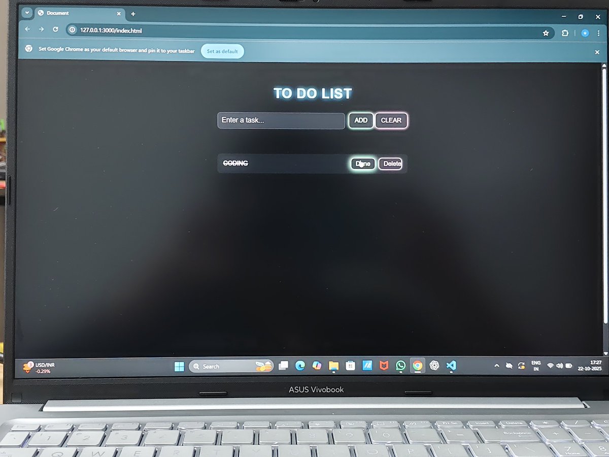 utkarszz's tweet image. Day 45(part 2) of #100DaysOfCode
Today I made a to-do-list using
Html,Css and JavaScript
Thanks to @rohit_negi9
Live : utkarszz.github.io/To-Do-List/
Code : github.com/utkarszz/To-Do…
#WebDevelopment
#Coding
#frontendwebdeveloper
#Html
#Css
#JavaScript