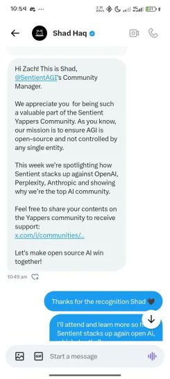 0x_zachh's tweet image. Got a dm from @SentientAGI community manager @shad_haq_ 
After contributing for a while, I'm glad the team recognized my efforts and my plan is to keep doing more 
Now, I think I'm on the right path