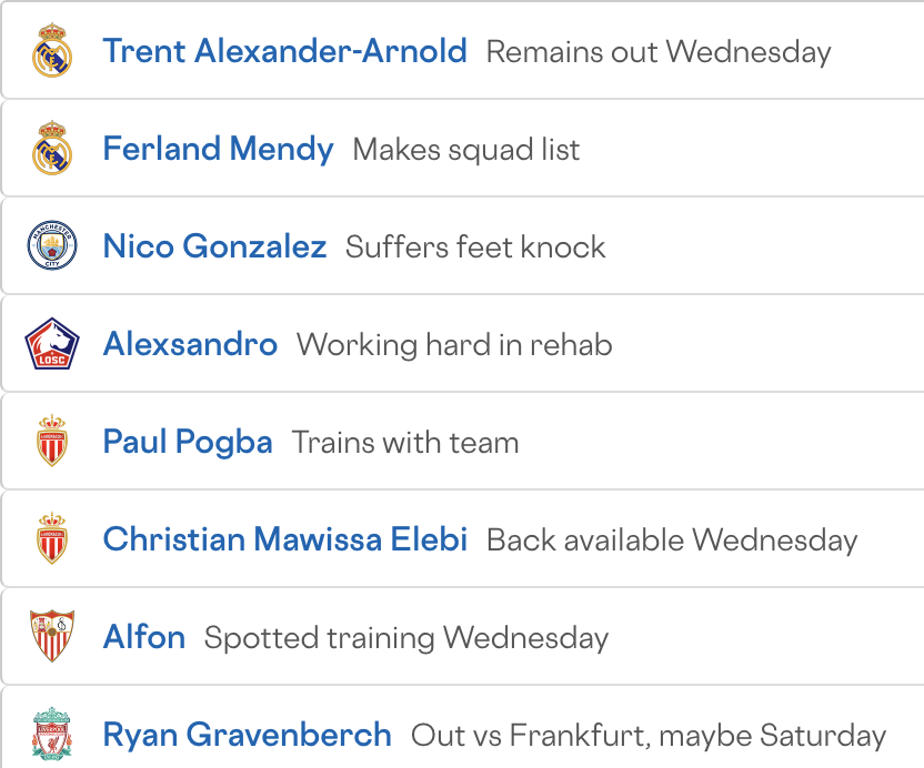 Further updates from the morning.

⚪️ TAA taking time in return.
📈 Pogba training.
🔵 Nico Gonzalez picks up knock.
🔴 Gravenberch out Wednesday, maybe more.

#UCL #RealMadrid #ASM #ManCity #LFC