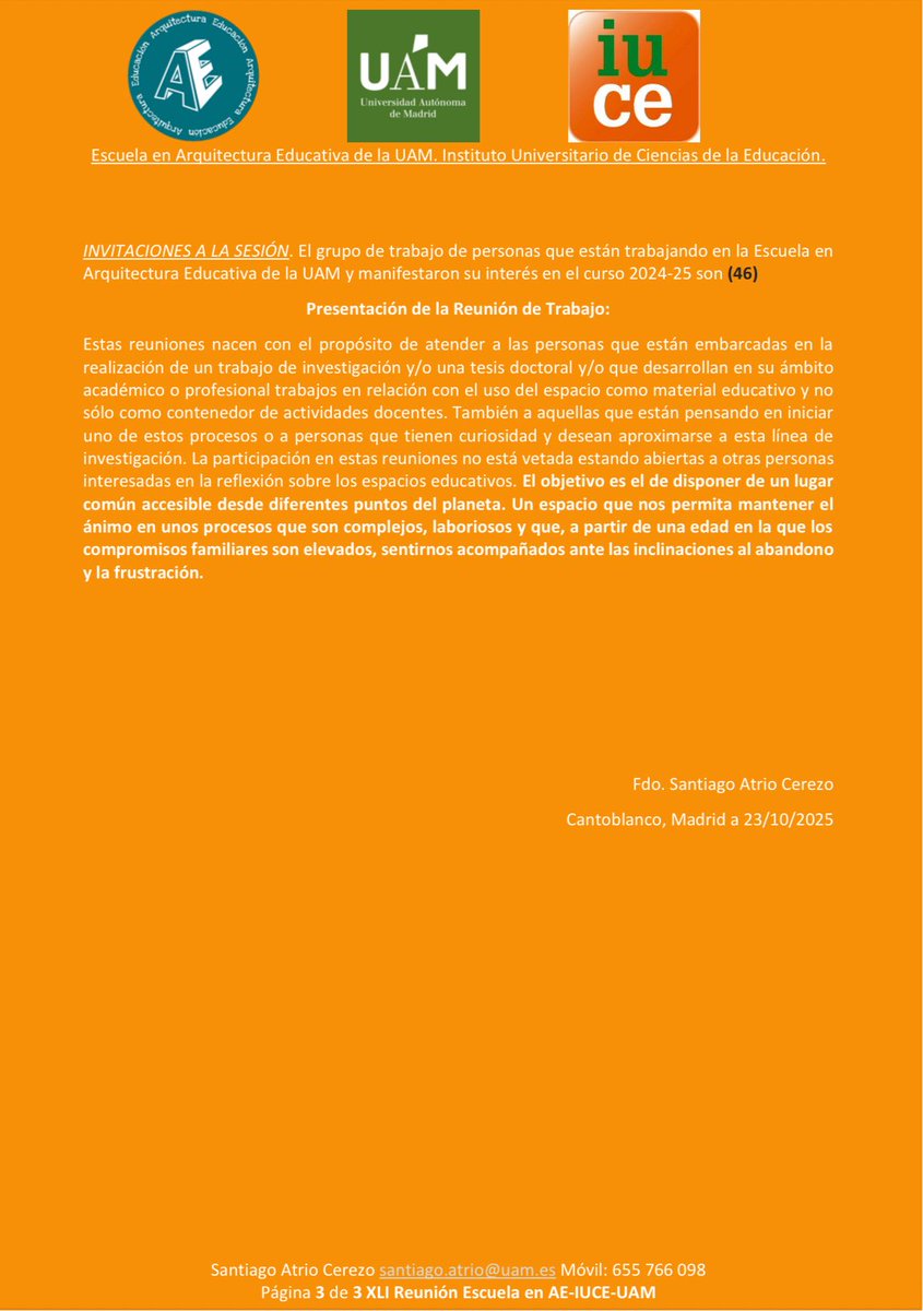 El próximo martes 28 la Escuela en Arquitectura Educativa del IUCE de la <a href="/UAM_Madrid/">UAM Autónoma Madrid</a>  propone su XLI Reunión de trabajo📚

Abordará el aprendizaje competencial para la #educación del futuro y las necesidades de nuevos #espacios en función de las #metodologías emergentes, únete 👇🏼