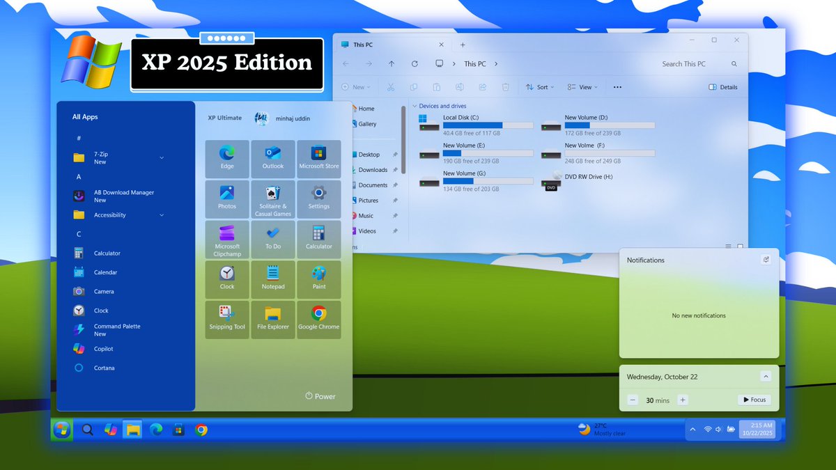 hellomurohan's tweet image. ✨ Experience the nostalgia of Windows XP — now reborn in 2025 style!
Transform your Windows 11 into a futuristic XP Edition with a new taskbar, start menu, and UI.

🎥 Watch now: youtu.be/h8uVdRUj7f0

Hashtag: #WindowsXP2025 #ModernTaskbar #StartMenuRevamp #Windows11UI