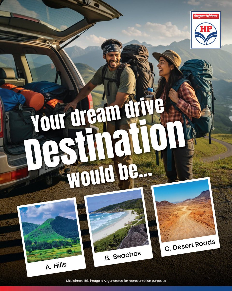 HPCL's tweet image. Every road has a story to tell. 🚗💨
Where would your dream drive take you? 🌄🏖️🏜️
A. Hills ⛰️
B. Beaches 🌊
C. Desert Roads 🏜️
Tell us your pick in the comments below! 👇
#Drive #RoadTrip #DeliveringHappiness