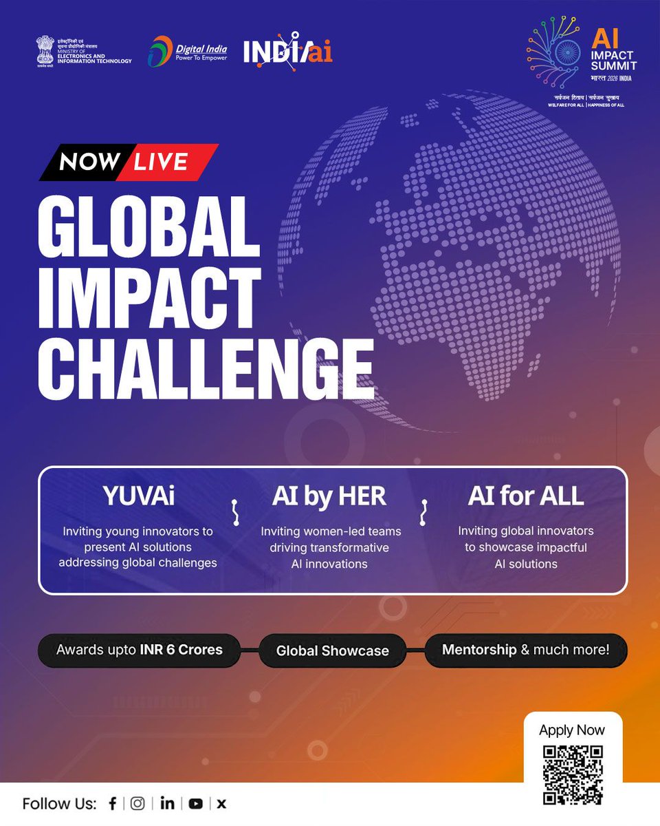 National e-Governance Division (@negd_goi) on Twitter photo Be part of the Global Impact Challenges, flagship events under the IndiaAI Impact Summit 2026 hosted by #indiaaiimpactsummit, <a href="/GoI_MeitY/">Ministry of Electronics & IT</a>. 
Bring your scalable AI solutions to tackle real-world challenges and drive sustainable impact. 
#aiforall #AIbyHER #YUVAi #GlobalChallenges Be part of the Global Impact Challenges, flagship events under the IndiaAI Impact Summit 2026 hosted by #indiaaiimpactsummit, <a href="/GoI_MeitY/">Ministry of Electronics & IT</a>. 
Bring your scalable AI solutions to tackle real-world challenges and drive sustainable impact. 
#aiforall #AIbyHER #YUVAi #GlobalChallenges