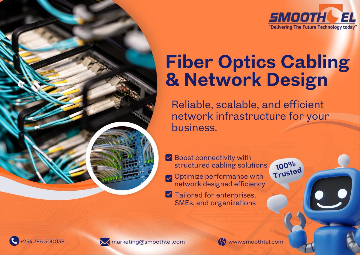 Smoothtel's tweet image. Boost your business connectivity with Fiber Optic Cabling &amp;amp; Network Design from Smoothtel.
Reliable. Scalable. Efficient. 
+254 786 500038
smoothtel.com
#Smoothtel #FiberOptics #NetworkDesign #ICTSolutions #TechKenya