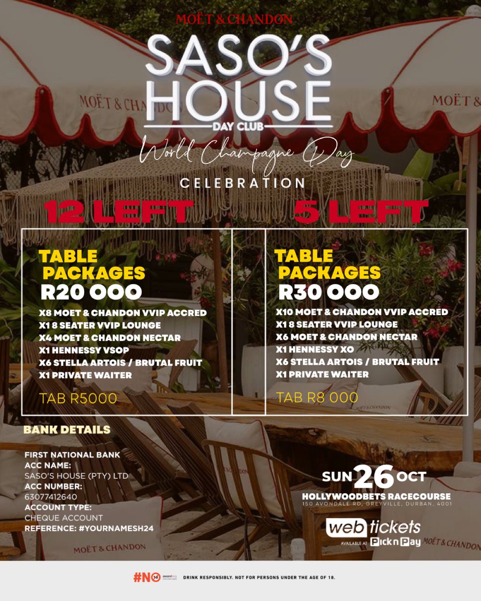 SasosHouse's tweet photo. Raise your glasses 🥂 in celebration of @moetchandon World Champagne Day, we’ve got you sorted to keep the bubbles flowing 🍾 CHAMPAGNE B.4.5‼️ 

FEW TABLE PACKAGES LEFT &amp; 60% GENERAL TICKETS SOLD >> get your tickets here https://t.co/1p9seBvbeD https://t.co/bIQoRc1aLn