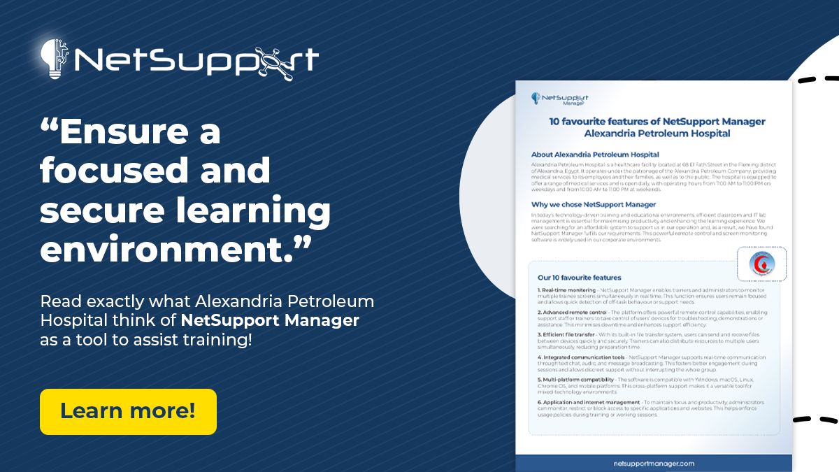 NetSupportNSM's tweet image. From the UK to Egypt and beyond, NetSupport is global. 🌍
Alexandria Petroleum Hospital uses NetSupport Manager for real-time control and instant support.
Full case study here: buff.ly/mZ1QbL5
#GlobalTech #Healthcare #NetSupportManager