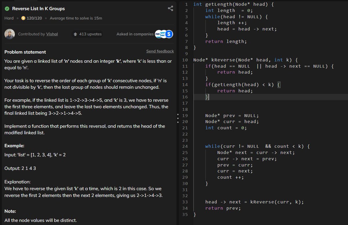 MartianDev01's tweet image. Day: 49/100
>linked list: Reverse List In K Groups
#100DaysOfCode #DSA #CodingChallenge
#letsconnect #LearnInPublic #ProblemSolving #100daysofcoding #CodingJourney #LeetCode #CONNECT