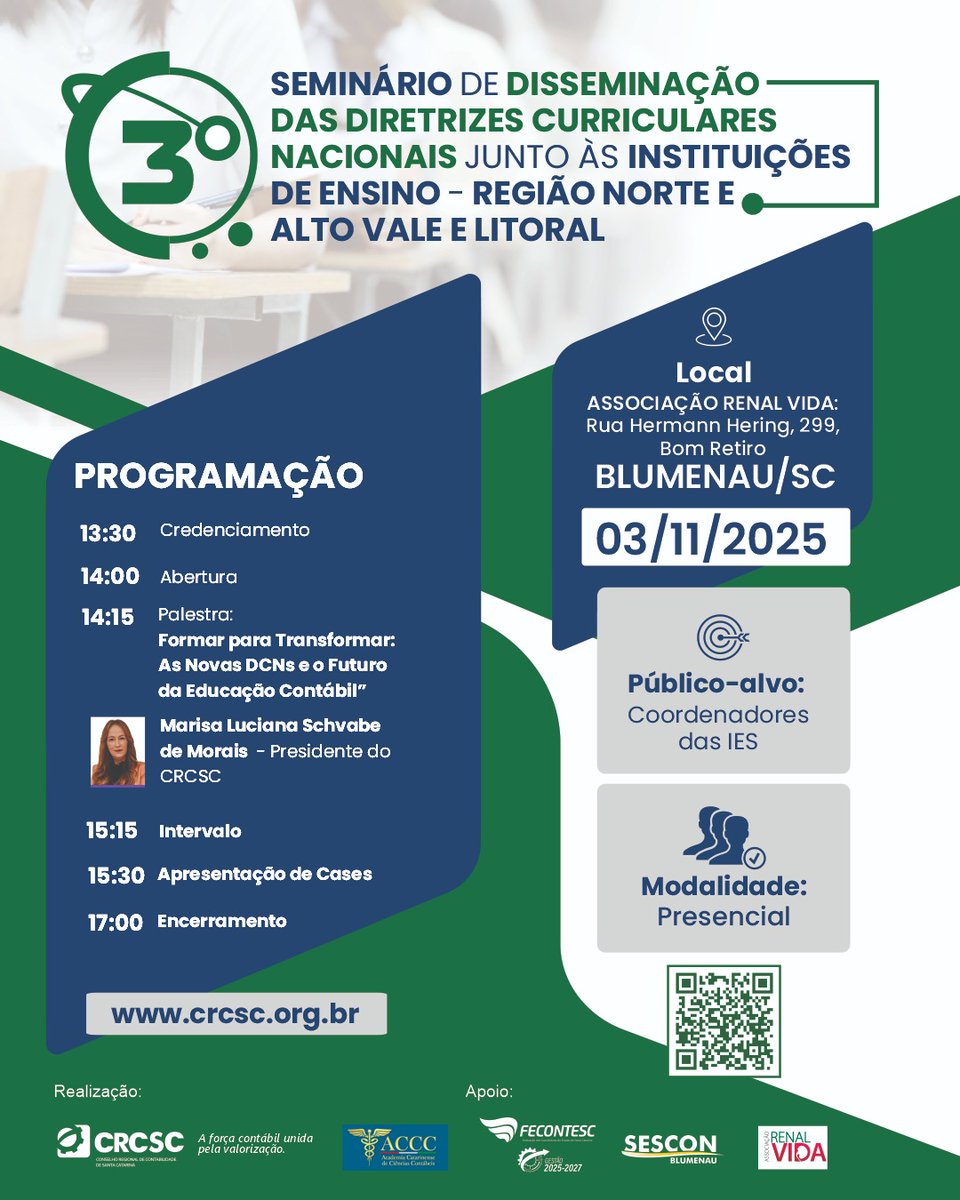 CRCSCOFICIAL's tweet image. 🎓🎓Vem aí o 3º Seminário de Disseminação das Diretrizes Curriculares Nacionais. Realizado em Blumenau, no dia 03 de novembro, o evento contará com palestras, apresentação de cases e debates.
🎟️ Inscrições no link: www1.cfc.org.br/evento?A39