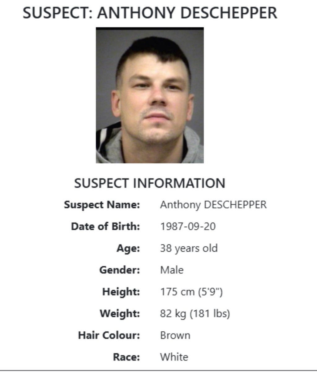 Police continue their manhunt for this man, wanted for the fatal shooting of his intimate partner in Brampton. Deschepper was named in an #AmberAlert after allegedly abducting a 1-year-old after the shooting. The child is safe after being was dropped off at a family member’s home