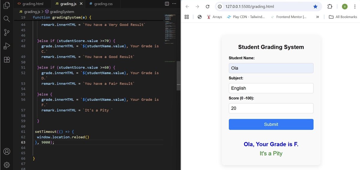 THEJASPERJAY's tweet image. Day 2 of my 60 Days of Code Challenge
Worked on a simple grading system today. It helped me practice conditionals and logical thinking in JavaScript.
Don’t mind the remark, it was just for fun 😂
#60DaysOfCode #JavaScript #CodingJourney #LearnToCode