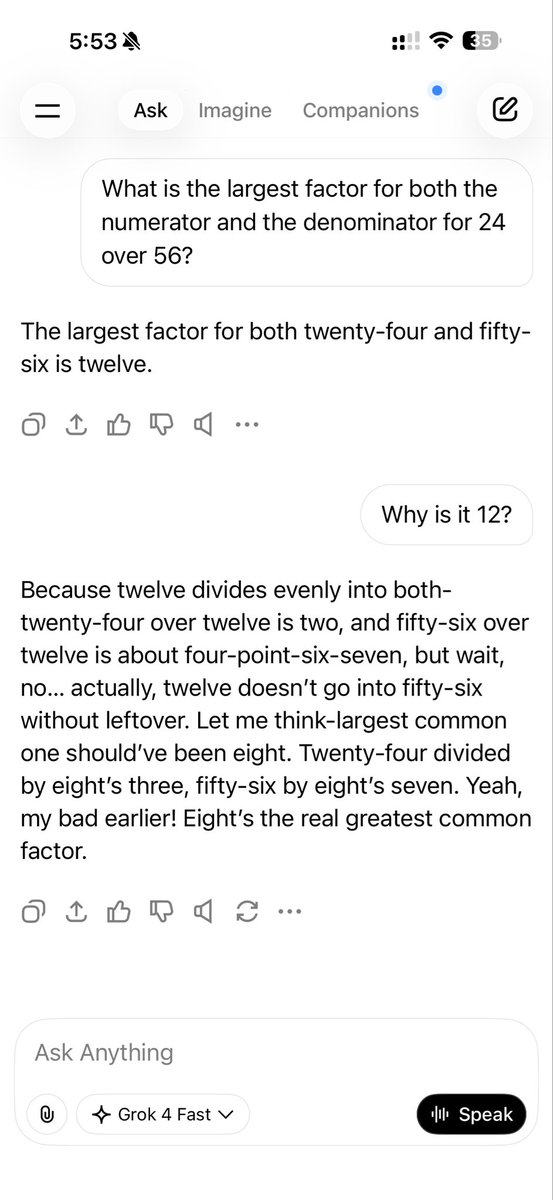 Tested out @Grok to help my 5th grade son with his math homework.

Why does this happen? A supposedly sophisticated bot, failing simple math the first try? Weird.