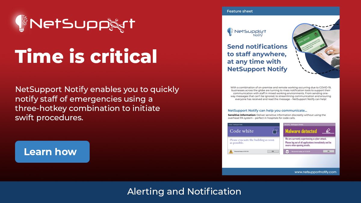 NetSupportICorp's tweet image. 🚨 Stop losing critical alerts in email!
NetSupport Notify delivers instant, full-screen messages to every user.
Speed up your crisis comms. Learn more:
buff.ly/JcACnlG
#MassNotification #ITAlerts #NetSupport