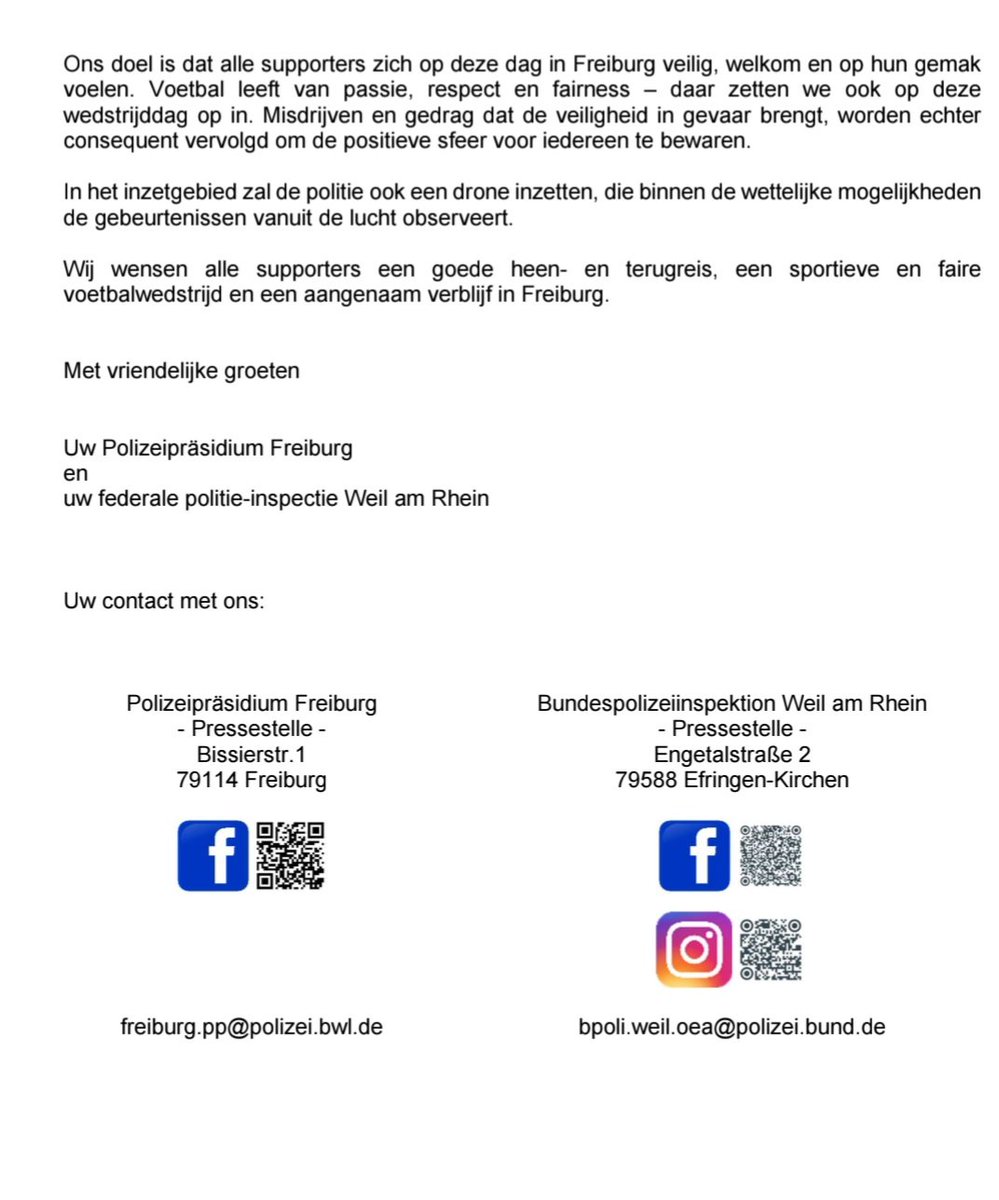 Bericht gericht aan de supporters van FC Utrecht, namens de politie van Freiburg.
