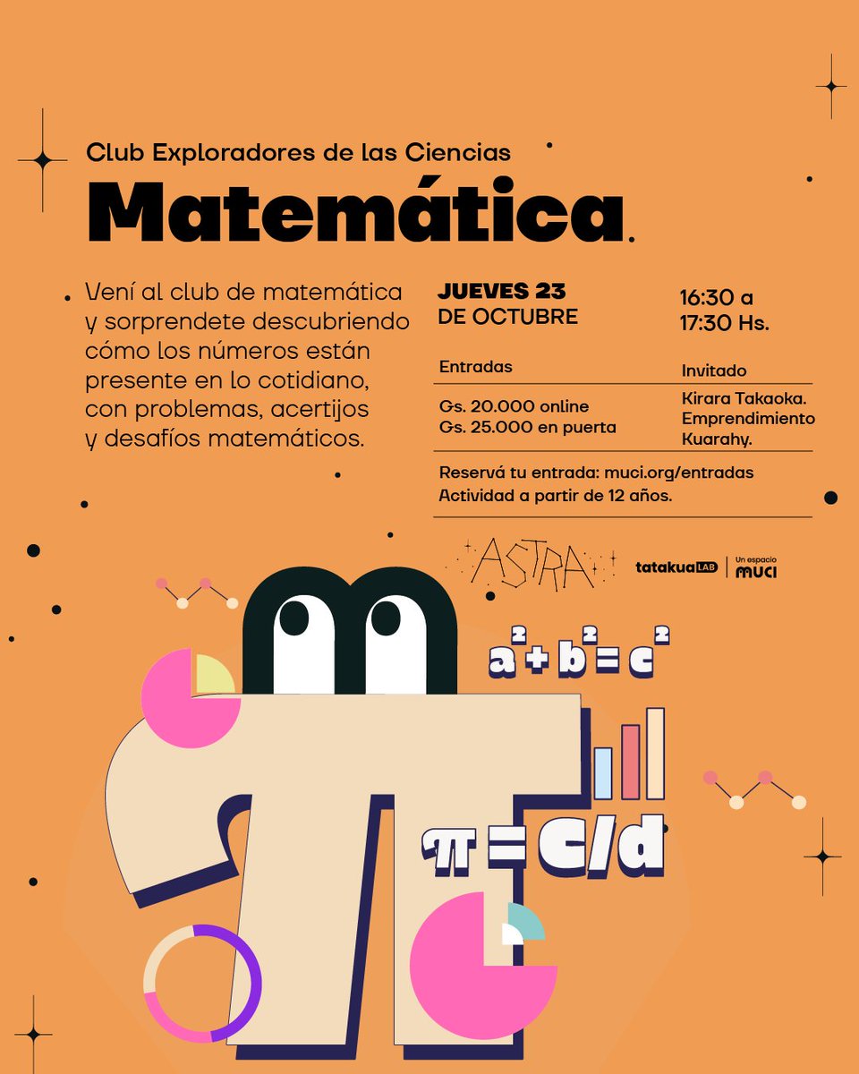 muci_py's tweet image. Los números también cuentan historias! 📐✨
Vení a descubrir cómo los patrones, formas y cifras nos ayudan a entender el universo.🤓✨

👩‍🔬 Invitada: Kirara Takaoka. 
Comprá tus entradas al Tatakualab en muci.org/entyradas